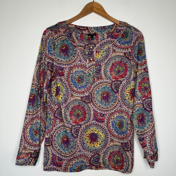 Talbots Popover Blouse Top Size 8 Paisley Colorful Art Cotton Long Sleeve - Picture 1 of 11